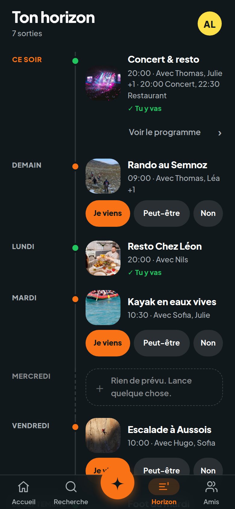 La vue Horizon : tes prochaines sorties sur une frise